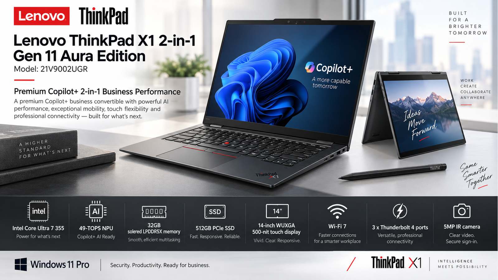 Lenovo ThinkPad X1 2-in-1 Gen 11 Aura Edition 21V9002UGR Copilot+ AI Business Laptop, Intel Core Ultra 7 355, 32GB LPDDR5X, 512GB SSD, 14-inch WUXGA 500-Nit Touchscreen, Wi-Fi 7, Windows 11 Pro, Slim Pen 2, Backlit Arabic Keyboard, Grey | 21V9002UGR
